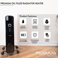 Black premium oil-filled radiator heater with x9 oil filled fins, x3 heat settings, wheels for portable heating, low energy consumptions and more. 