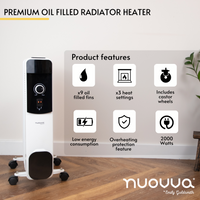 Premium oil-filled radiator heater with x3 heat settings and castor wheels for portable heating. 