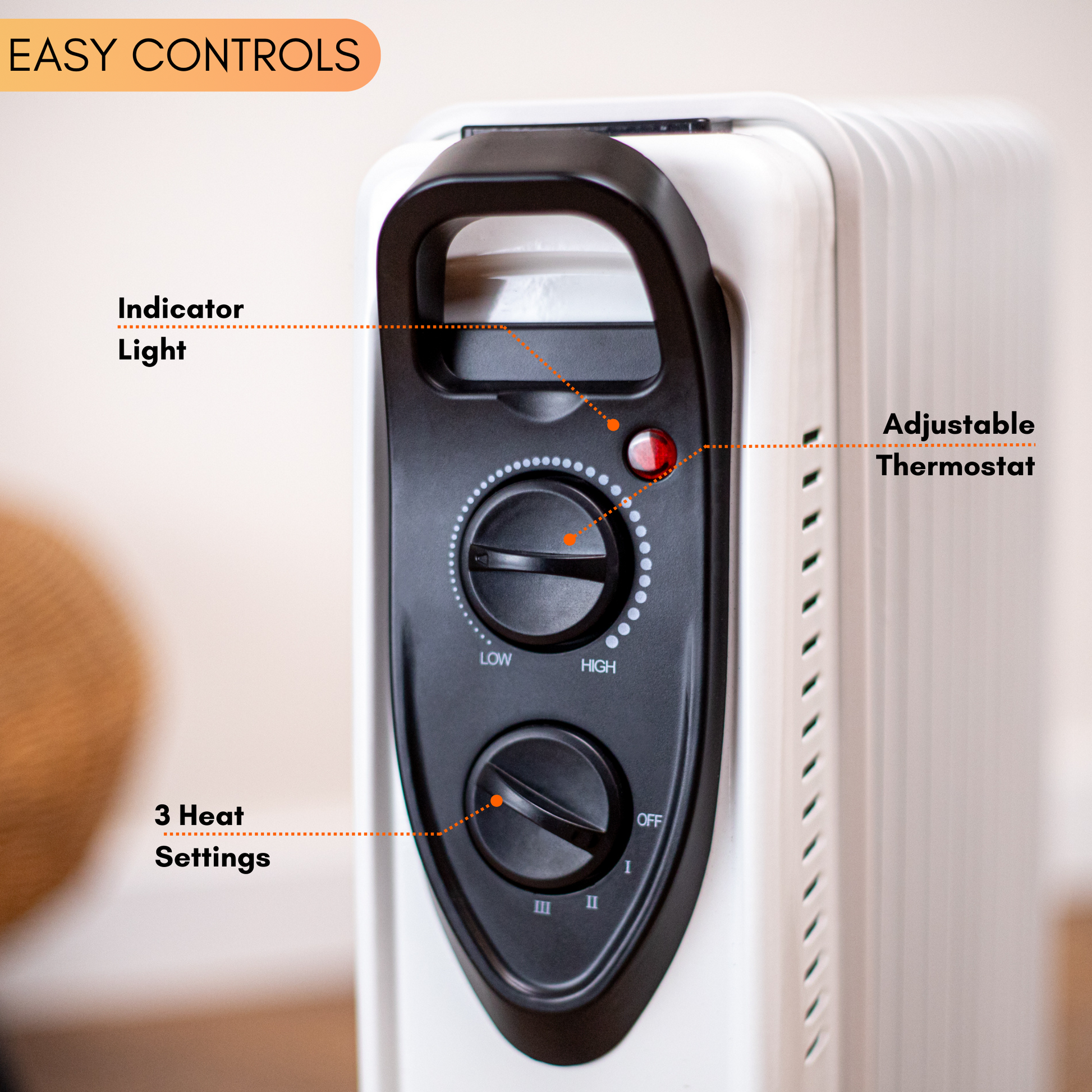 Portable radiator heating with adjustable thermostat, 3 heat settings and an indicator light. 