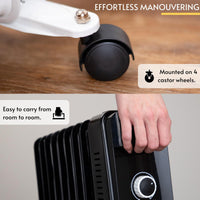 Portable heater with castor wheels for easy maneuvering for easy room to room moving.  
