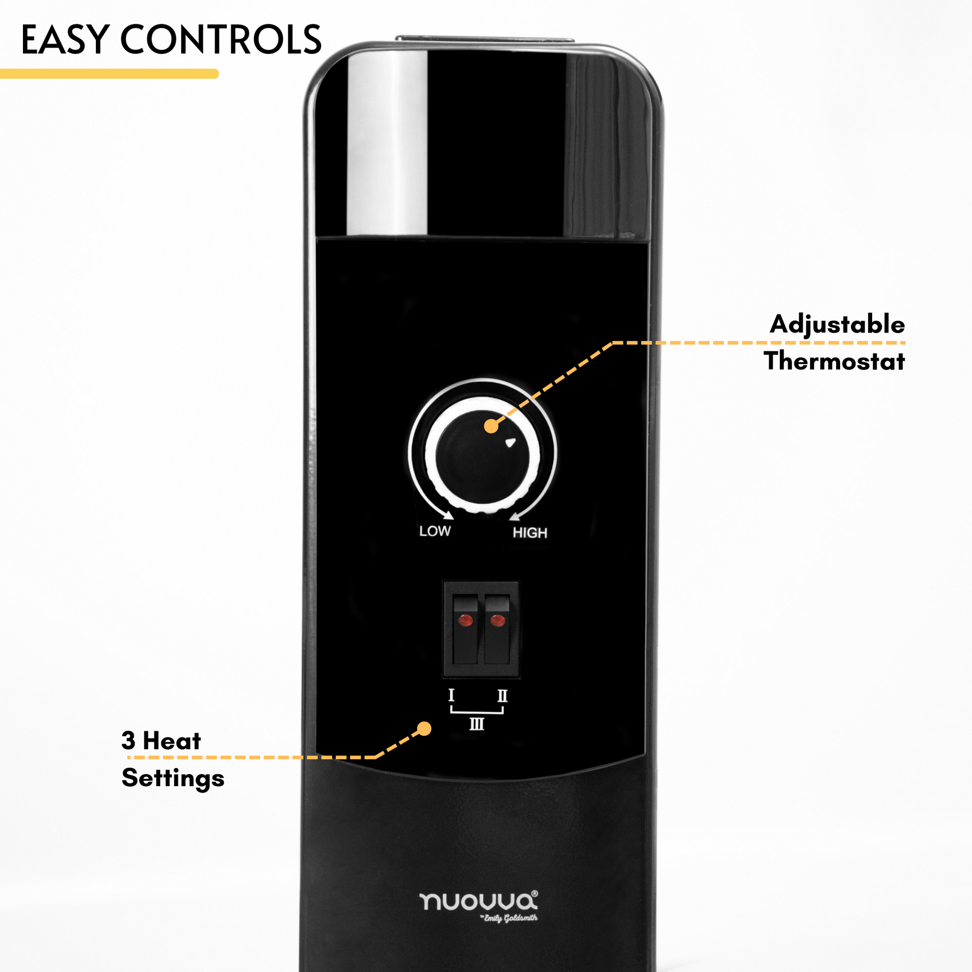 Black portable heater with easy control for adjustable thermostat and 3 heat settings. 