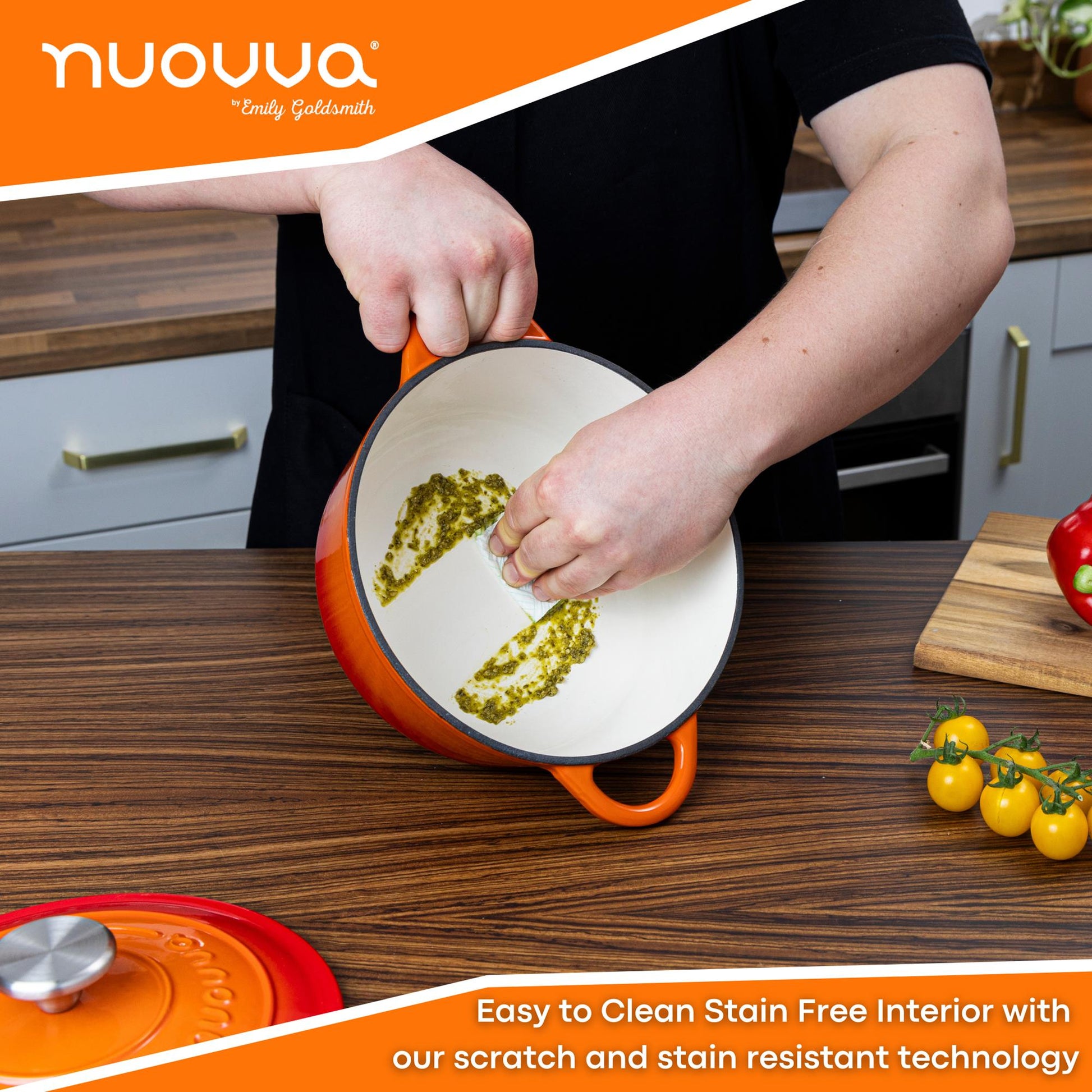 nuovva easy to clean cast iron Dutch oven with scratch and stain resistant interior 