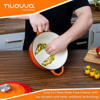 nuovva easy to clean cast iron Dutch oven with scratch and stain resistant interior 