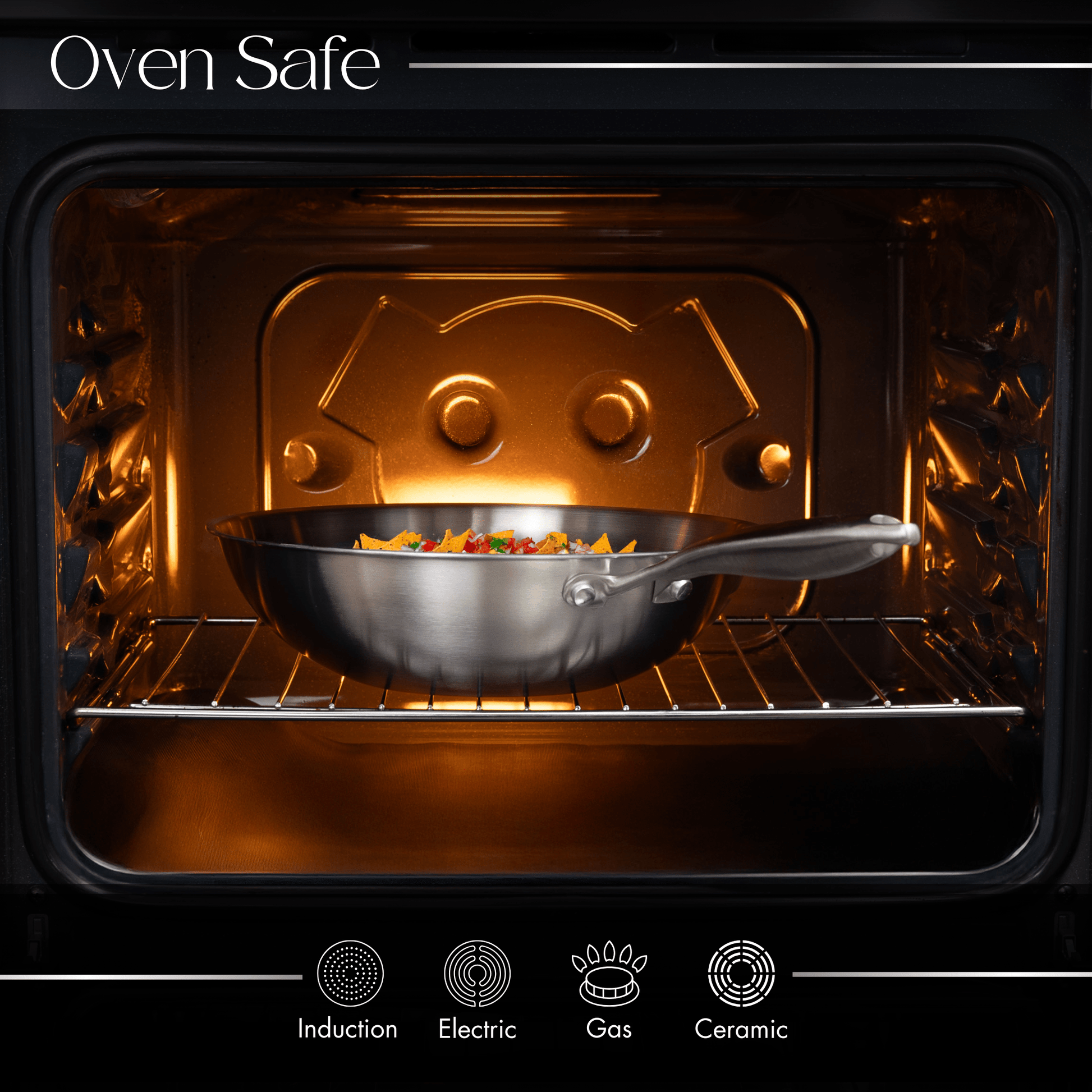 Stainless steel oven wok pan with lid, induction safe for all stovetops. 