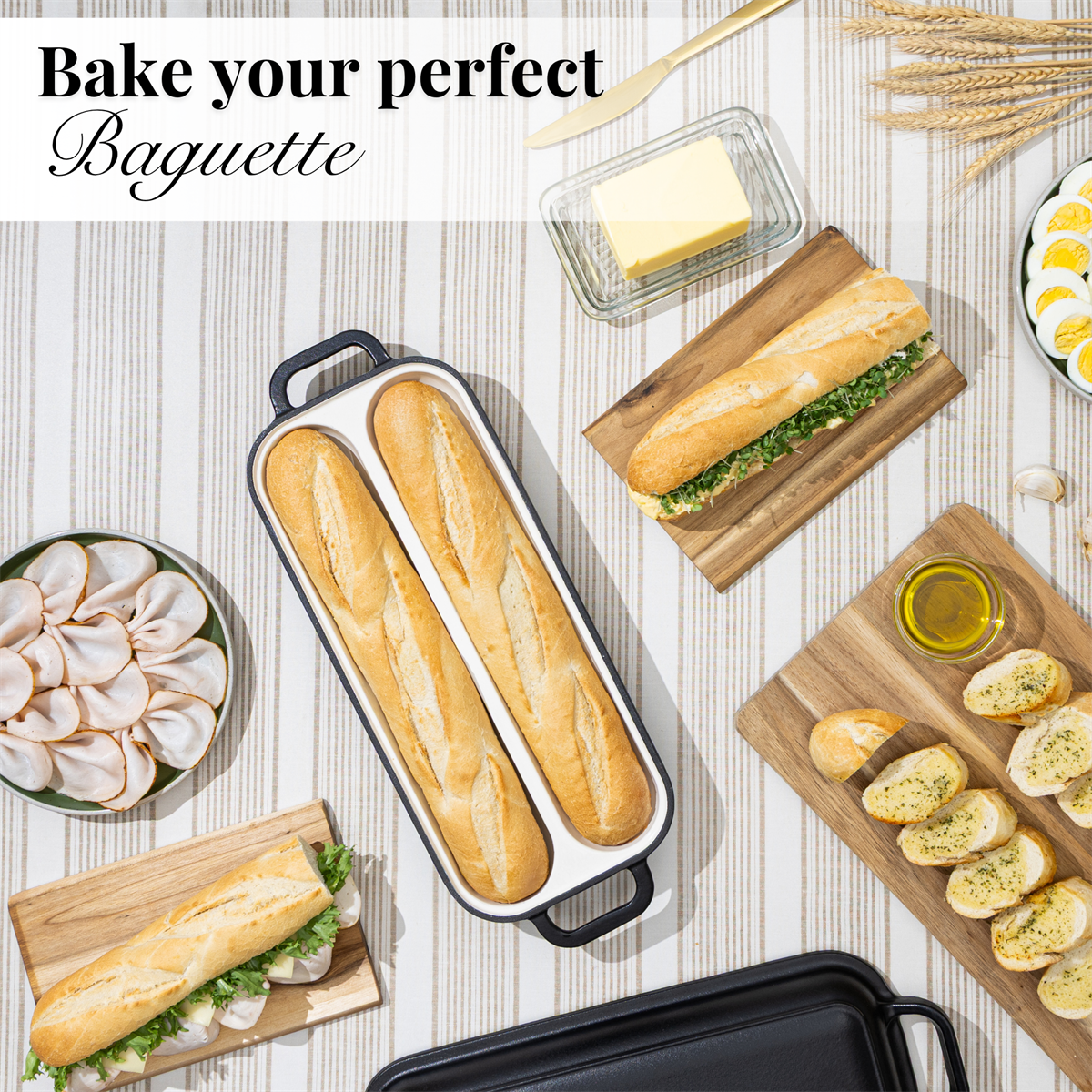 Enamelled Cast Iron Baguette Bread Pan with Lid – 2 Slots Black