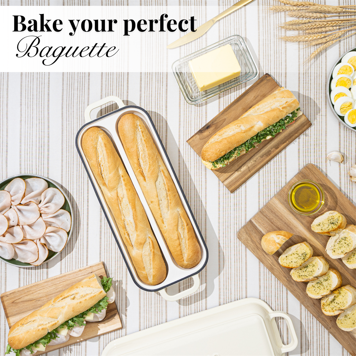 Enamelled Cast Iron Baguette Bread Pan with Lid – 2 Slots Cream