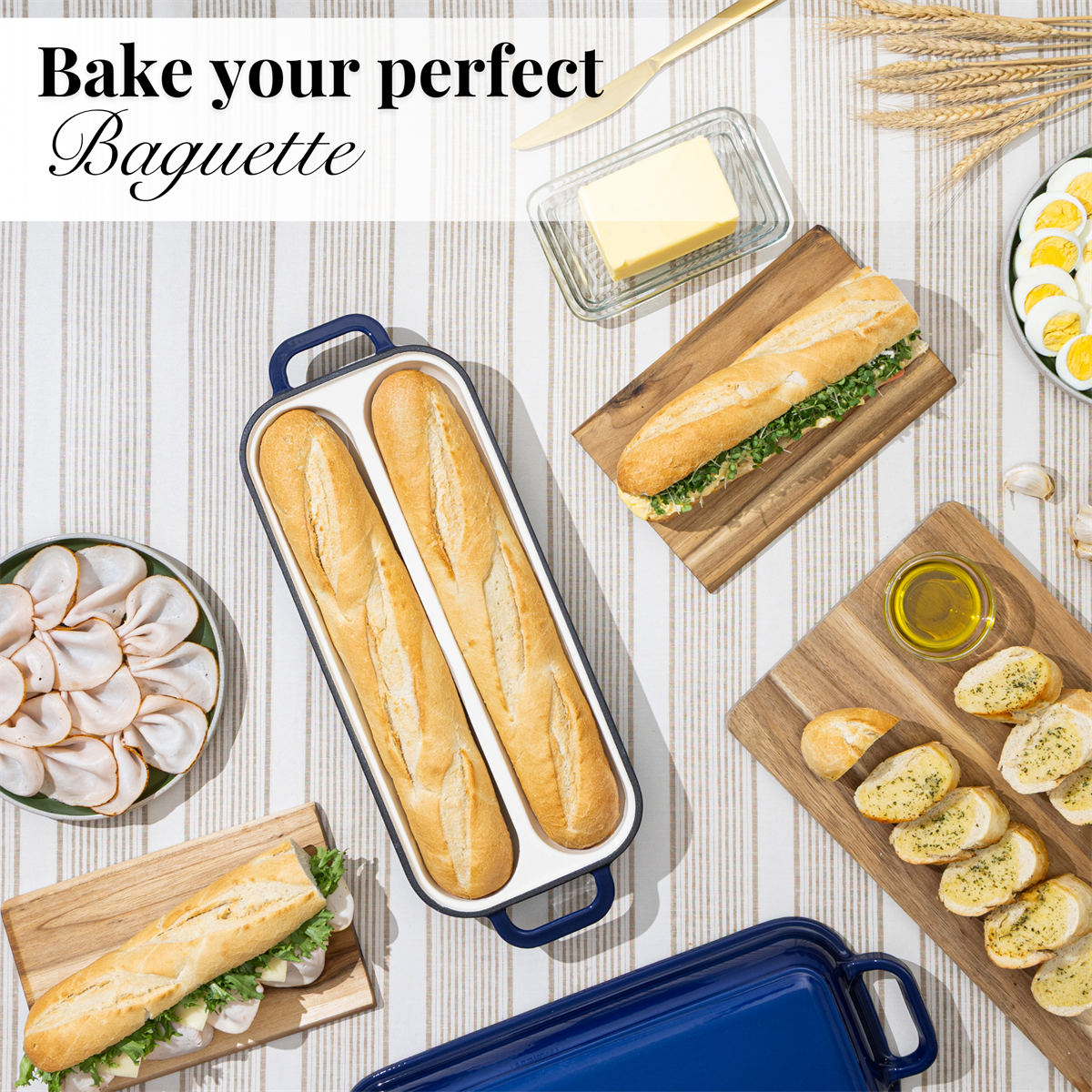 Enamelled Cast Iron Baguette Bread Pan with Lid – 2 Slots Dark blue