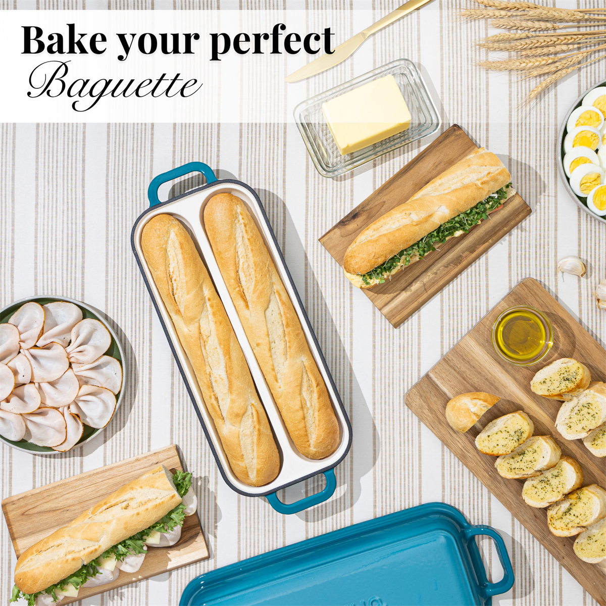 Enamelled Cast Iron Baguette Bread Pan with Lid – 2 Slots Light blue