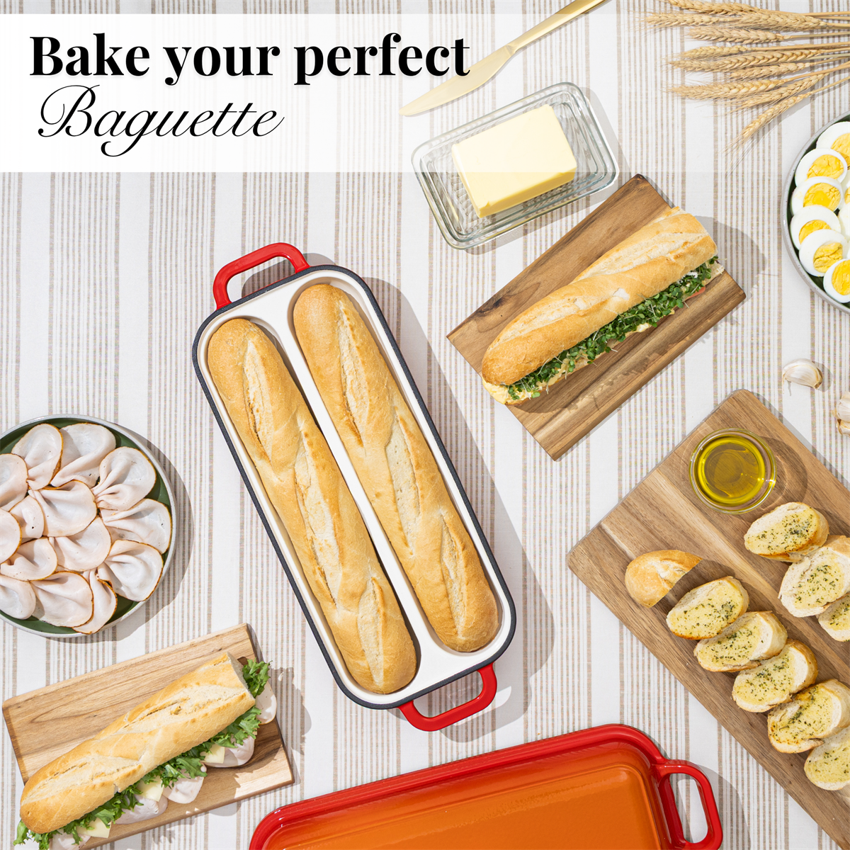 Enamelled Cast Iron Baguette Bread Pan with Lid – 2 Slots Orange