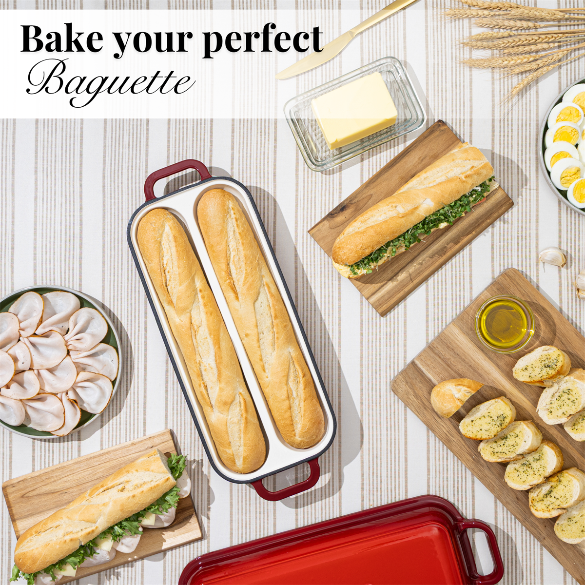 Enamelled Cast Iron Baguette Bread Pan with Lid – 2 Slots Red