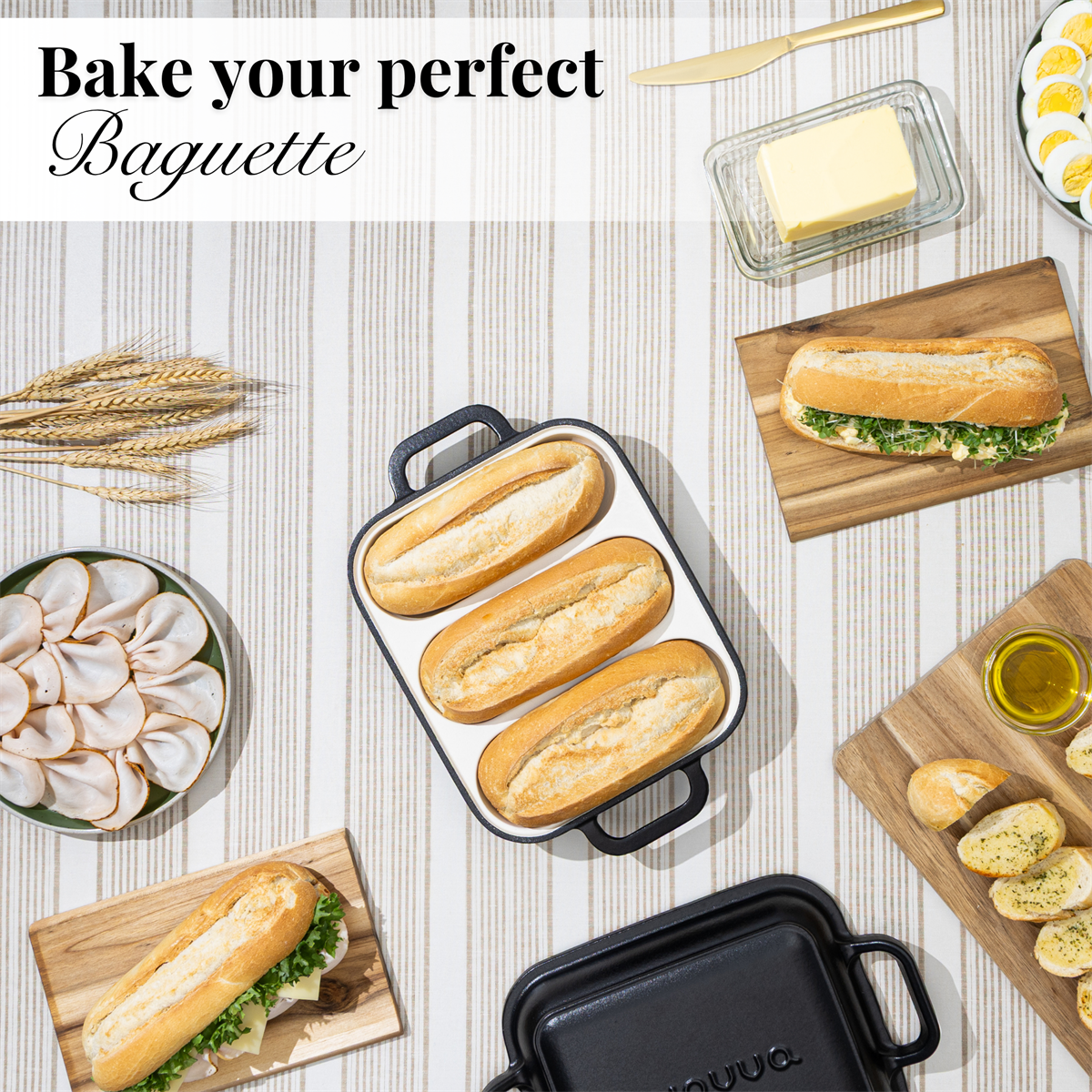 Enamelled Cast Iron Baguette Bread Pan with Lid – 3 Slots, Black