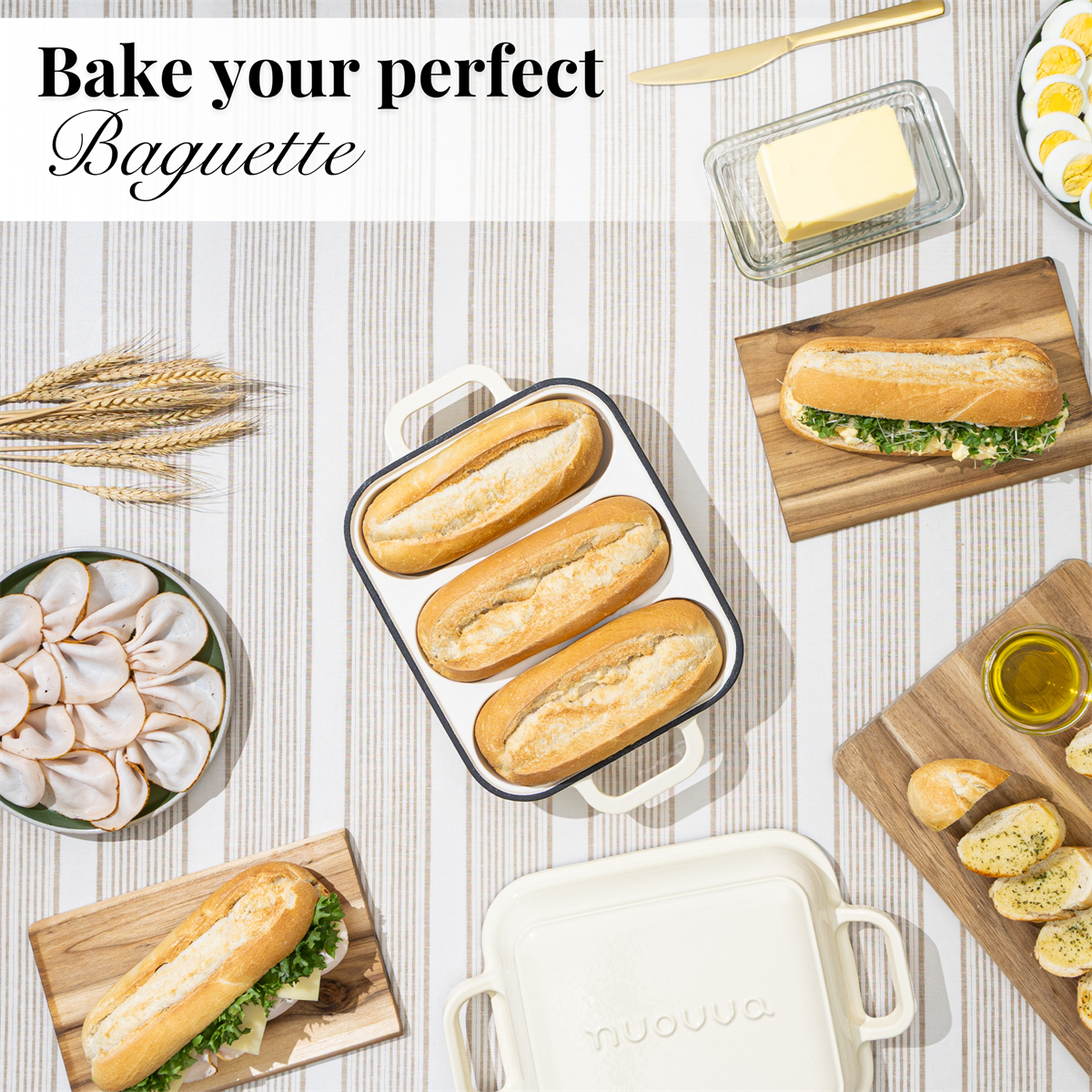 Enamelled Cast Iron Baguette Bread Pan with Lid – 3 Slots, Cream