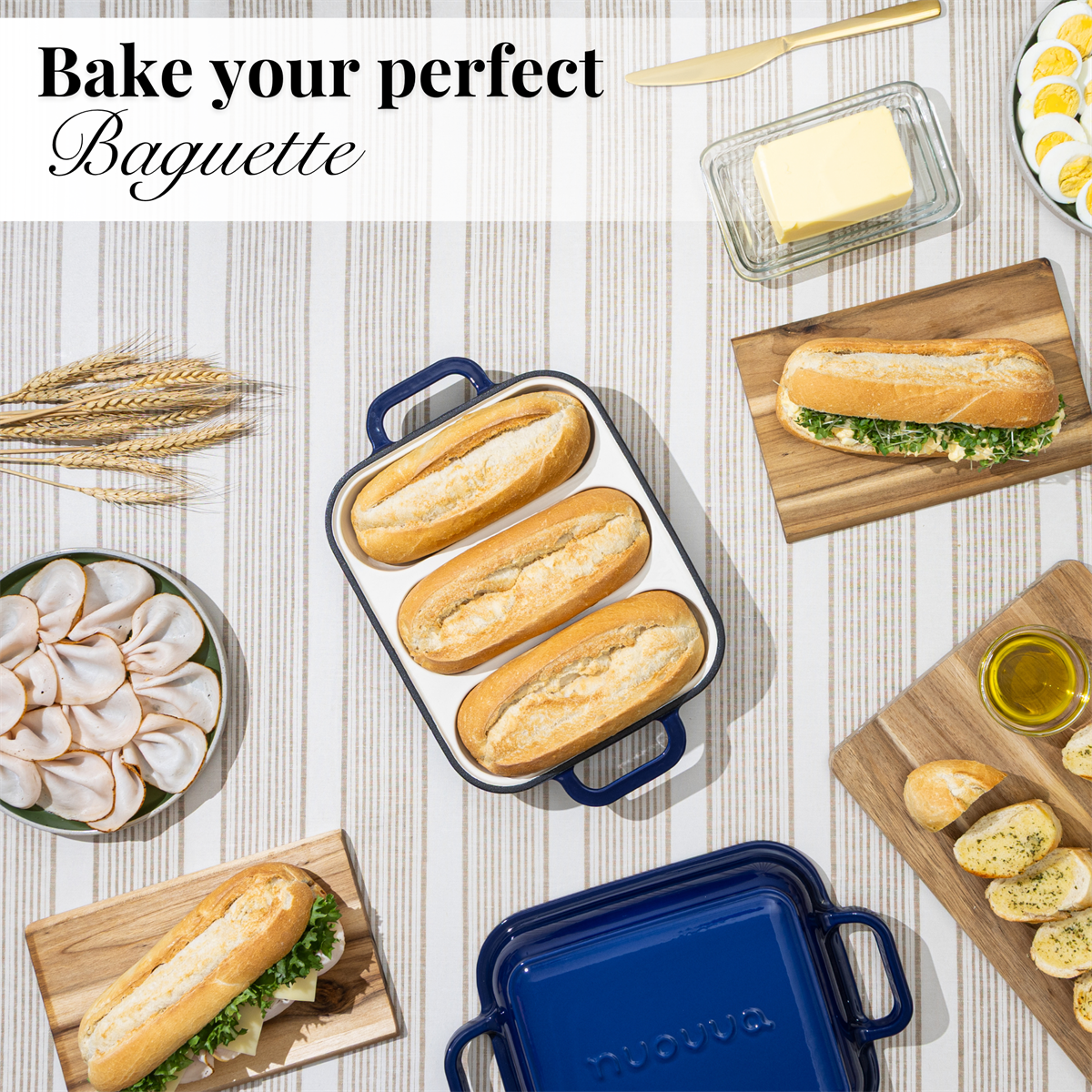 Enamelled Cast Iron Baguette Bread Pan with Lid – 3 Slots, Dark blue
