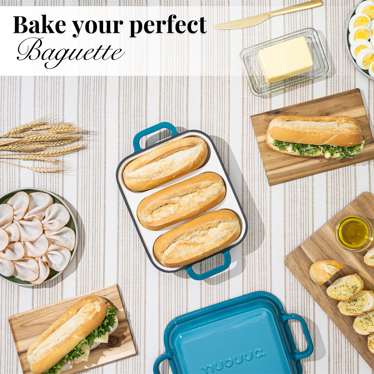 Enamelled Cast Iron Baguette Bread Pan with Lid – 3 Slots, Light blue