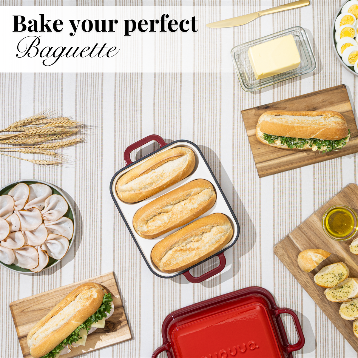 Enamelled Cast Iron Baguette Bread Pan with Lid – 3 Slots, Red