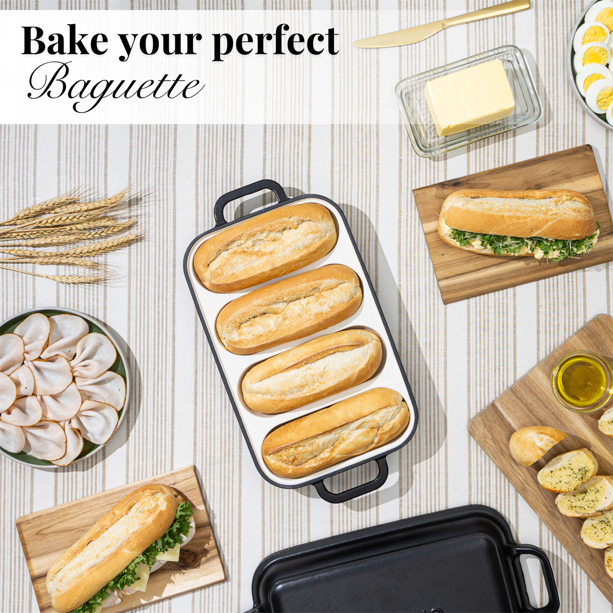 Enamelled Cast Iron Baguette Bread Pan with Lid – 4 Slots, Black