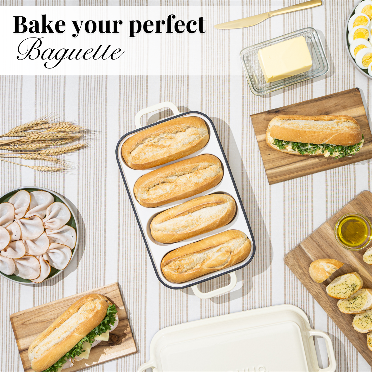 Enamelled Cast Iron Baguette Bread Pan with Lid – 4 Slots, Cream