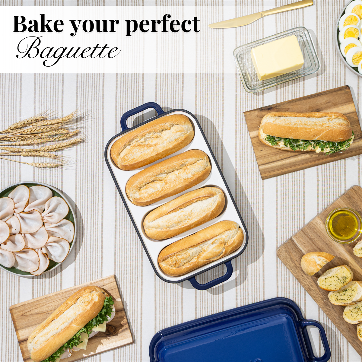Enamelled Cast Iron Baguette Bread Pan with Lid – 4 Slots, Dark blue