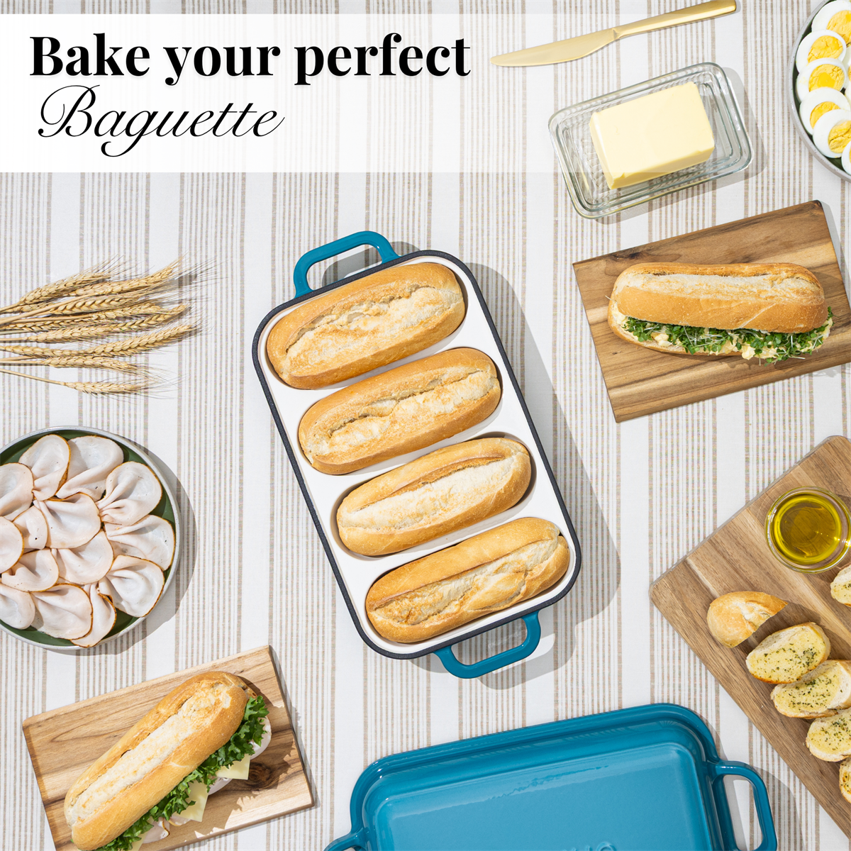 Enamelled Cast Iron Baguette Bread Pan with Lid – 4 Slots, Light blue