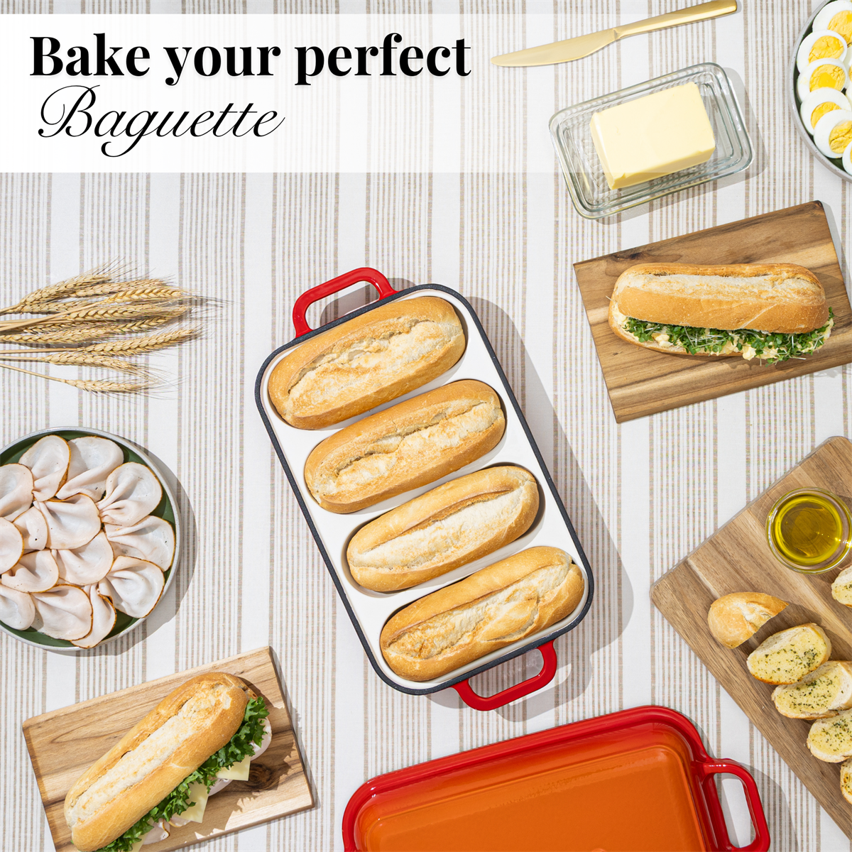 Enamelled Cast Iron Baguette Bread Pan with Lid – 4 Slots,Orange