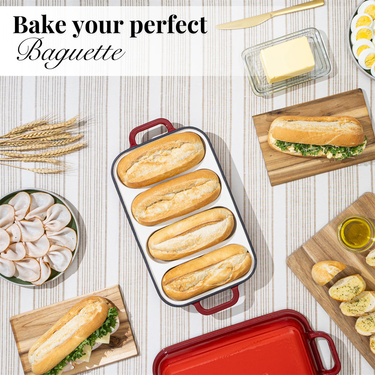 Enamelled Cast Iron Baguette Bread Pan with Lid – 4 Slots, Red