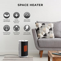 Mini space heater is portable and lightweight with low energy consumption and adjustable thermostat. 