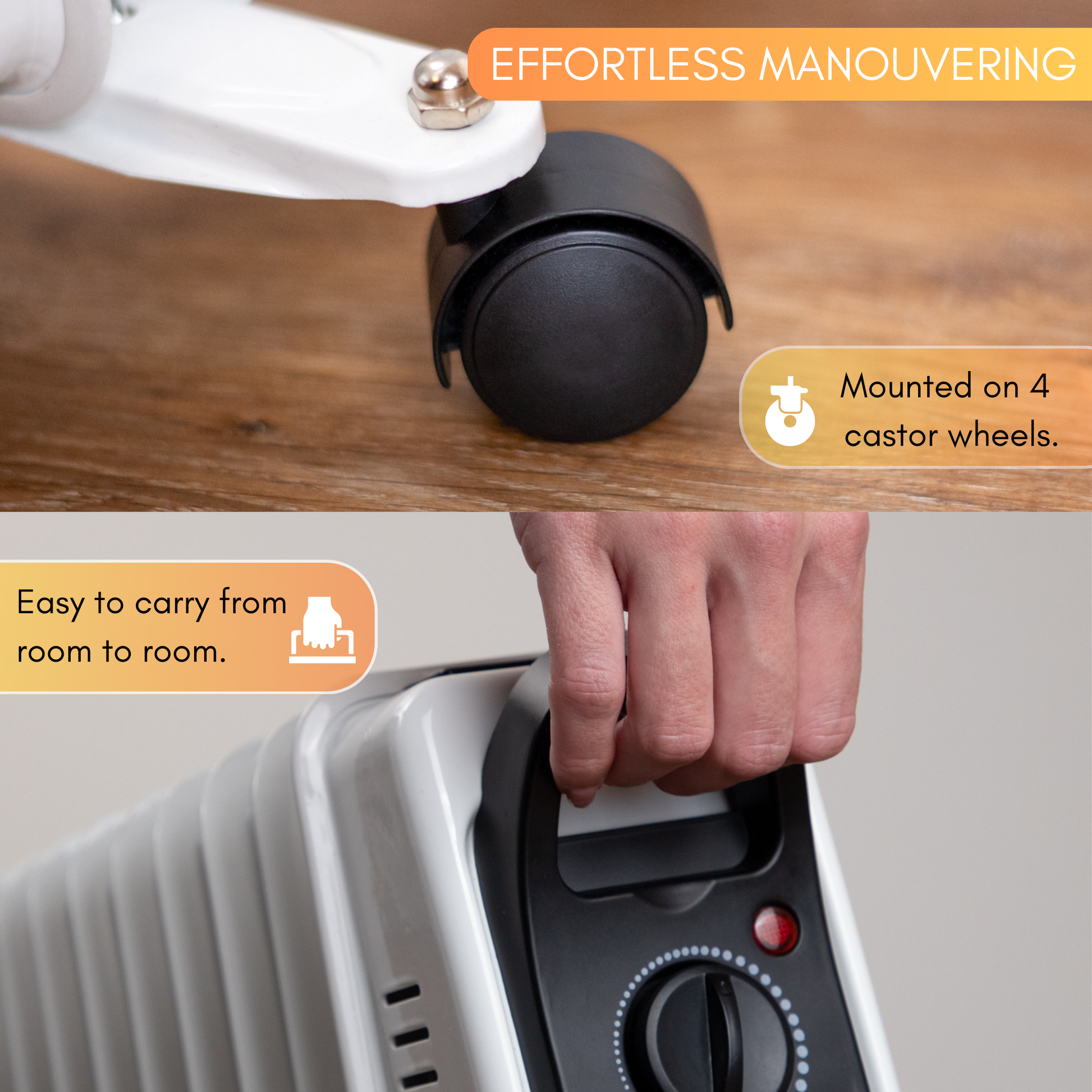 Effortless maneuvering with easy to carry portable radiator heater with wheels and handles 