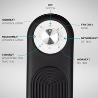 Portable ceramic tower heater with adjustable settings including oscillation, heat settings and power options