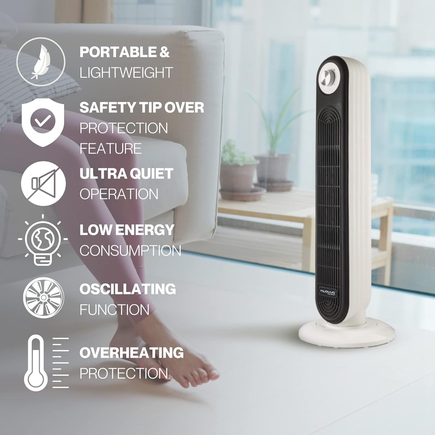 Nuovva portable tower heater has safety tip over with low energy consumption and oscillating function. 