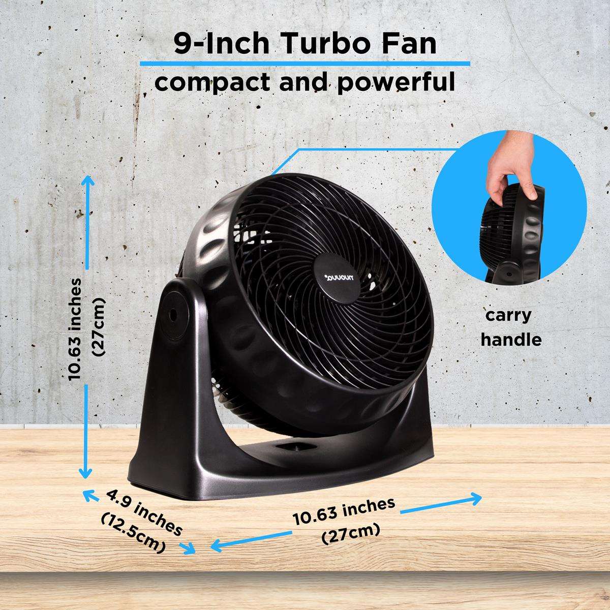 9 inch black turbo portable fan with carry handle and dimension. 