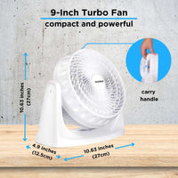 9 inch turbo fan with handle for portable cooling with carry on handle and dimensions. 