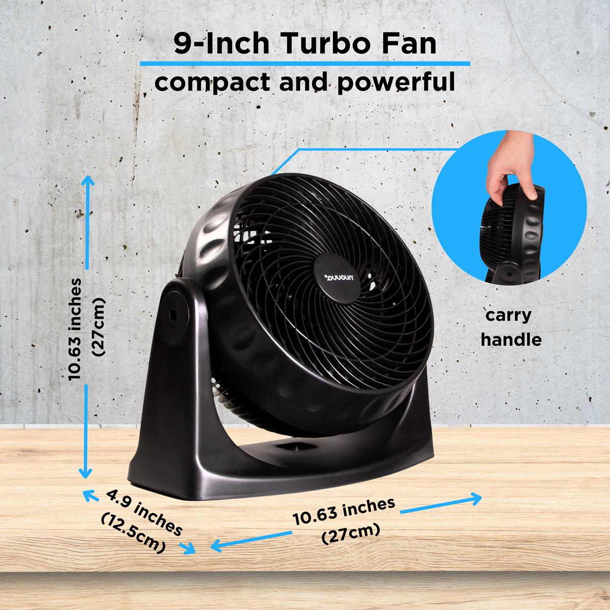 9 inch black turbo portable fan with carry handle and dimension. 