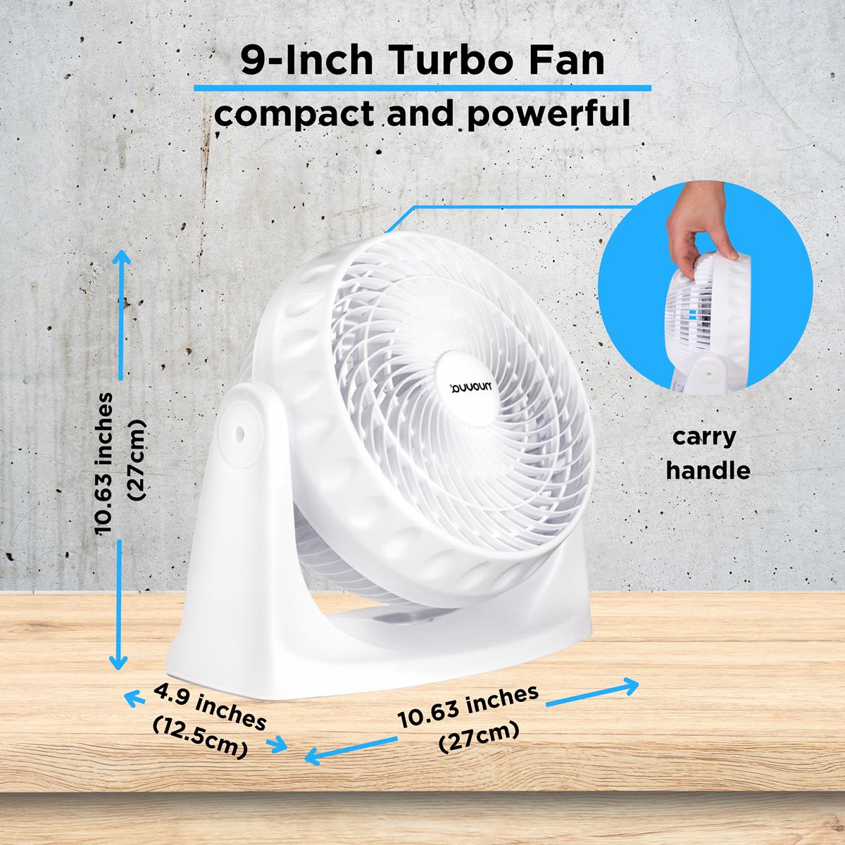 9 inch turbo fan with handle for portable cooling with carry on handle and dimensions. 