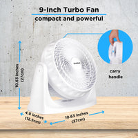 9 inch turbo fan with handle for portable cooling with carry on handle and dimensions. 