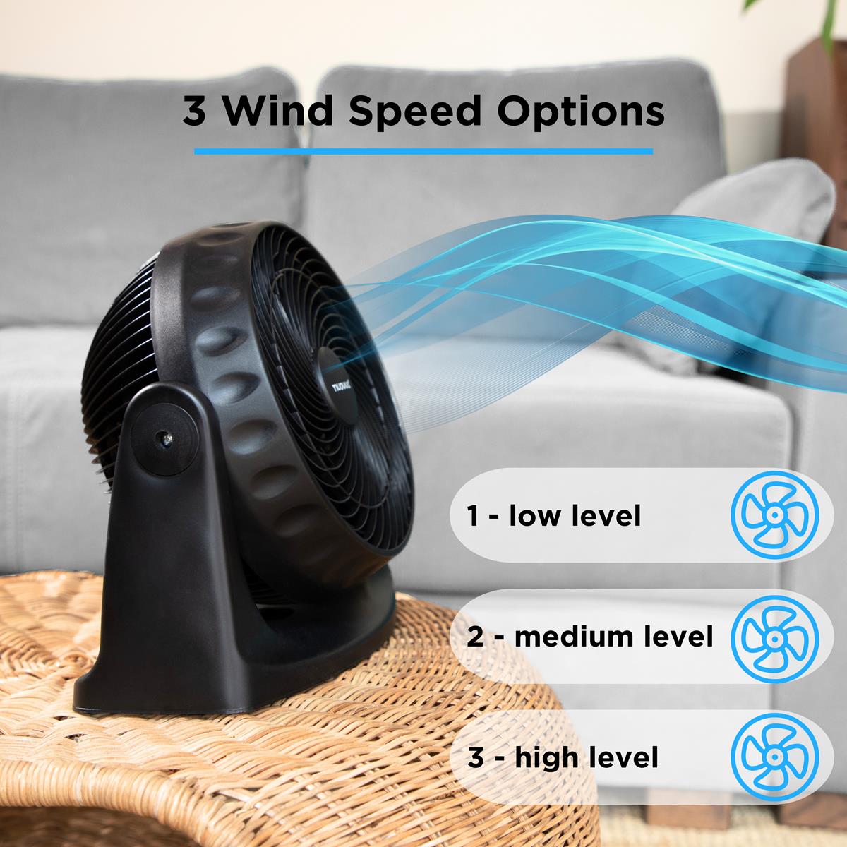 Black electric turbo desk fan with 3 wind speed options for efficient home cooling.  