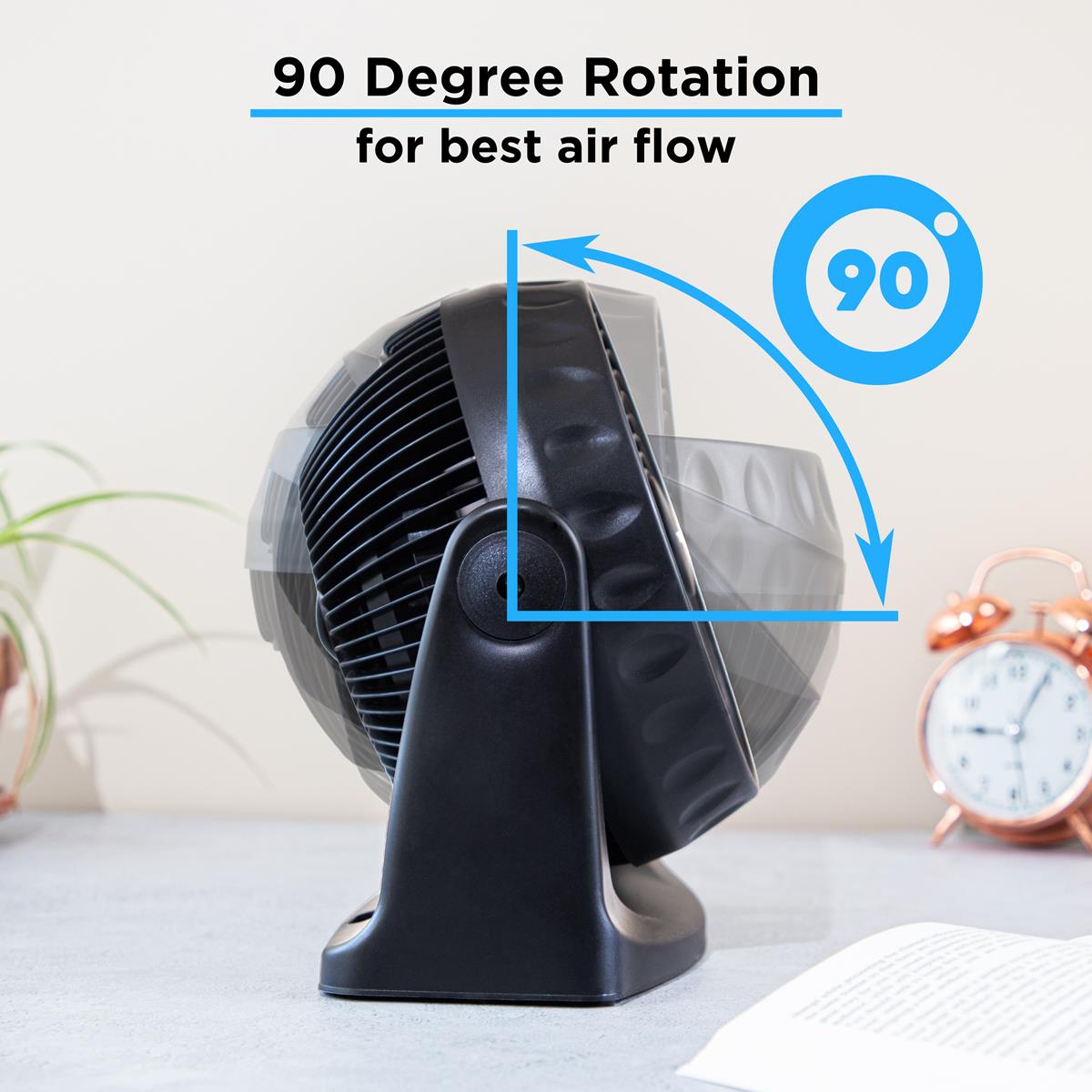Black electric turbo desk fan with 90 degree rotation for best air flow and room cooling. 