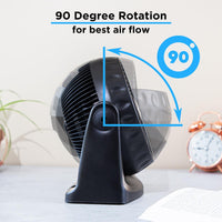 Black electric turbo desk fan with 90 degree rotation for best air flow and room cooling. 