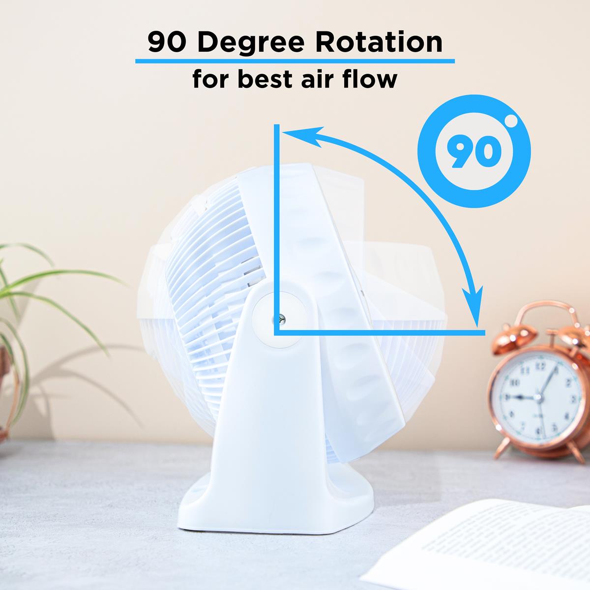 Powerful electric turbo desk fan with 90 degree oscillation for portable room cooling. 