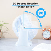 Powerful electric turbo desk fan with 90 degree oscillation for portable room cooling. 