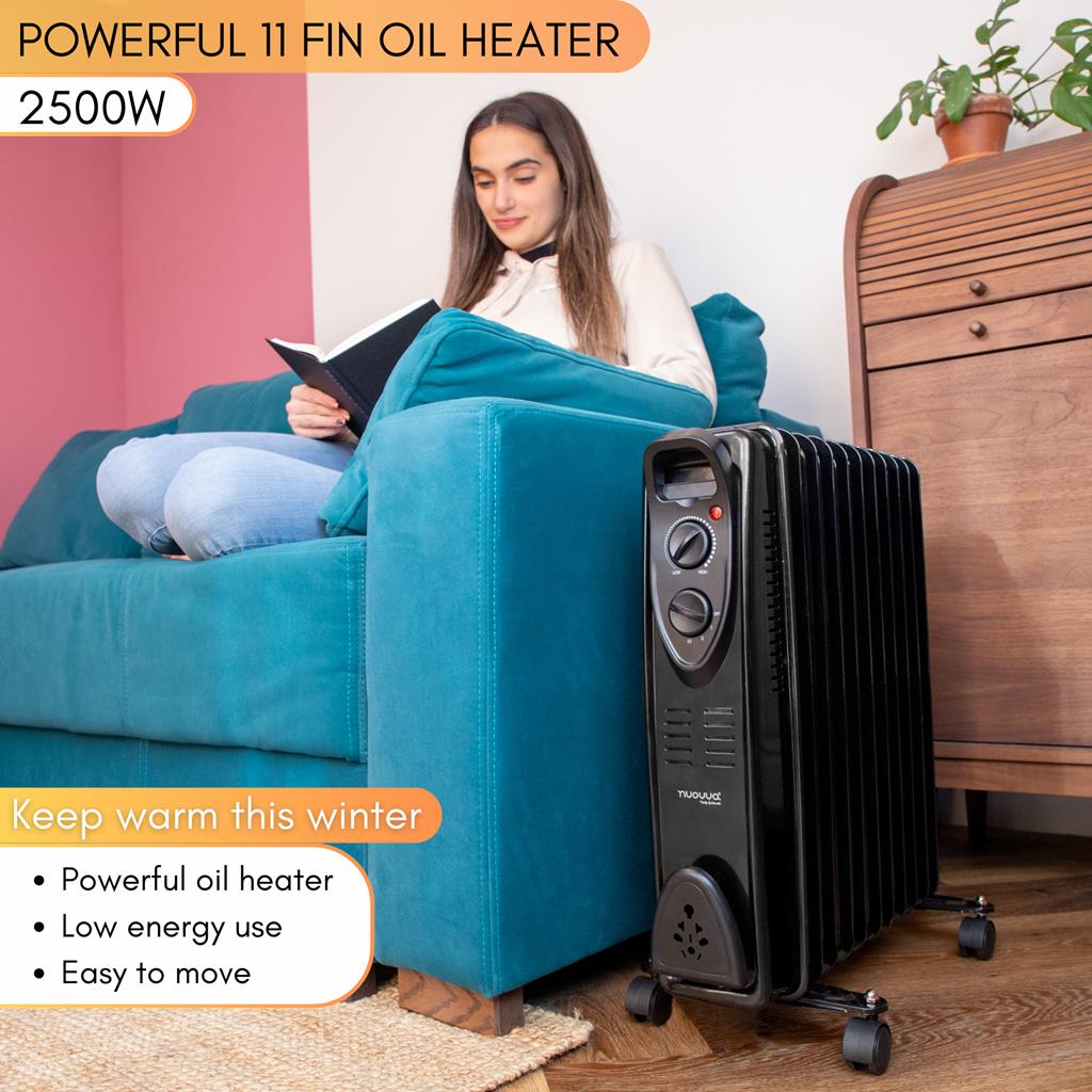Powerful 11 fin oil-filled heater with wheels for portable heating and low energy use. 
