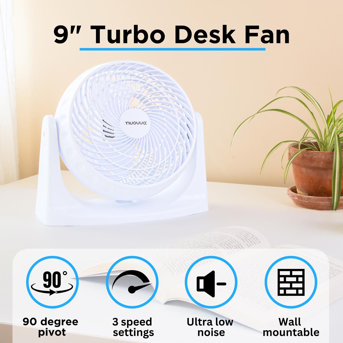 9inch turbo desk fan with 90 degree pivot, low noise and mountable option for efficient cooling. 