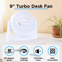 9inch turbo desk fan with 90 degree pivot, low noise and mountable option for efficient cooling. 