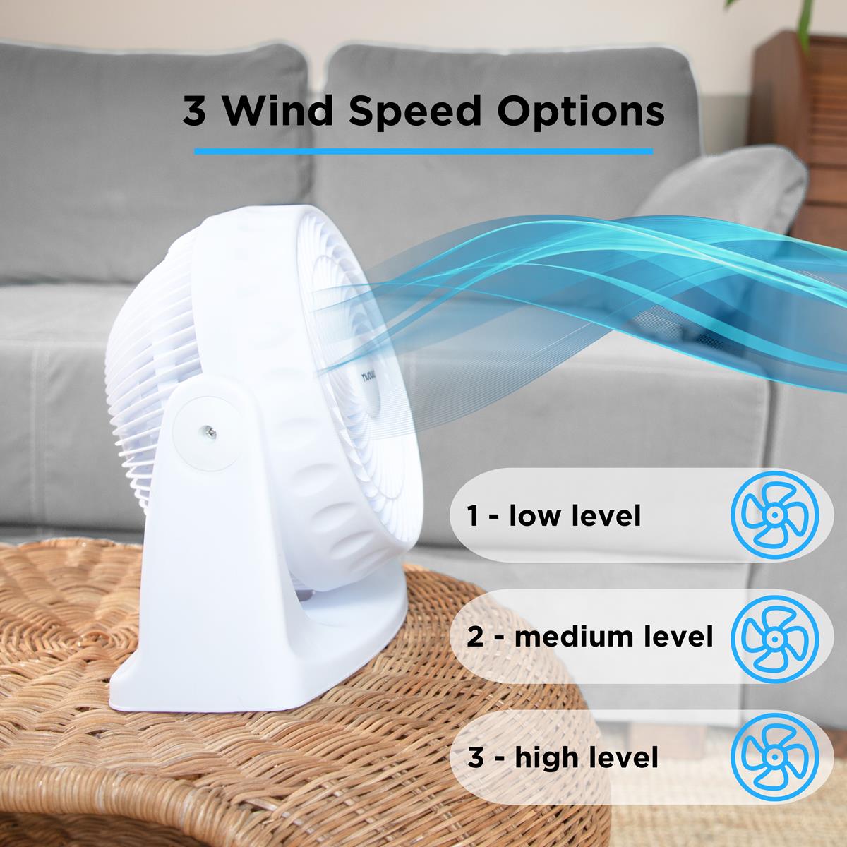 Powerful electric turbo desk fan with 3 speed options for efficient home cooling. 