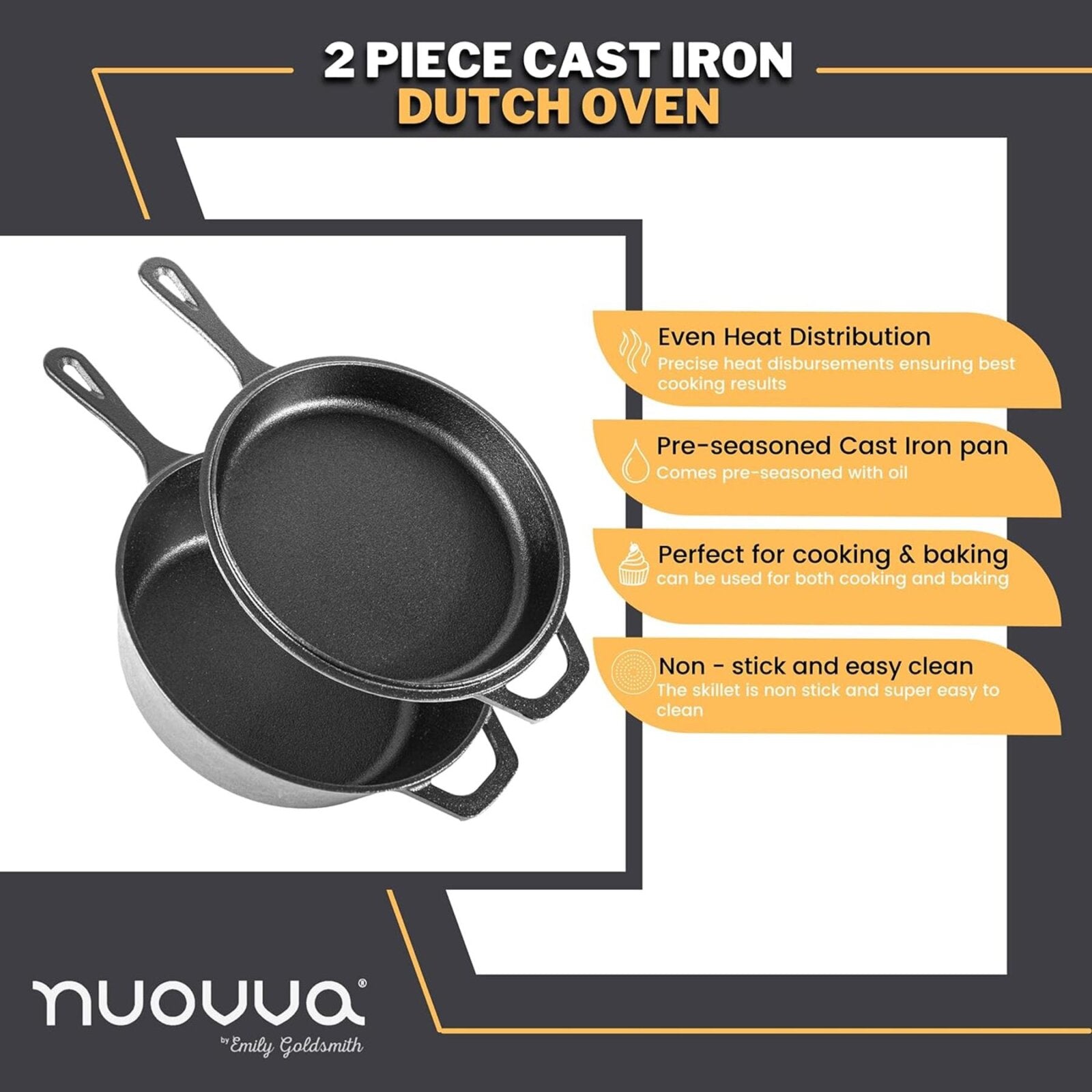 2 piece cast iron Dutch oven pre- seasoned cast iron pan with non-stick skillet. 