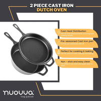 2 piece cast iron Dutch oven pre- seasoned cast iron pan with non-stick skillet. 
