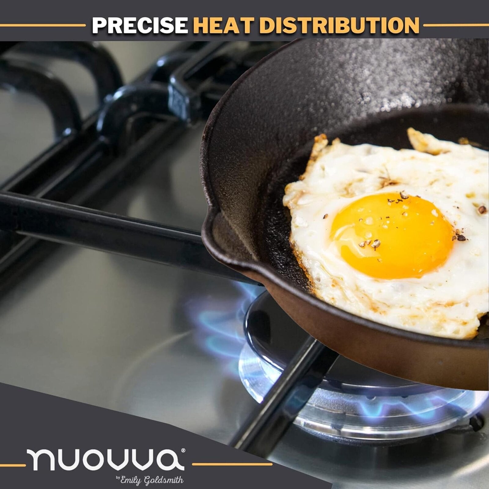Pre-seasoned cast Iion skillet with precise heat distribution. 