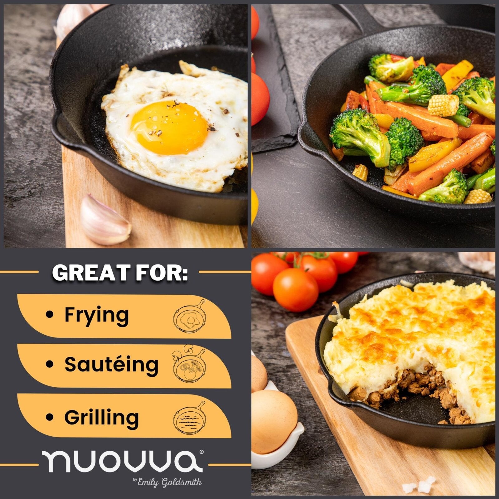 Nuovva cast iron skillet is great for frying sautéing and grilling. 