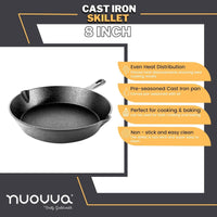 Nuovva cast iron skillet is perfect for cooking and baking, non-stick and easy to clean and features even heat distribution. 