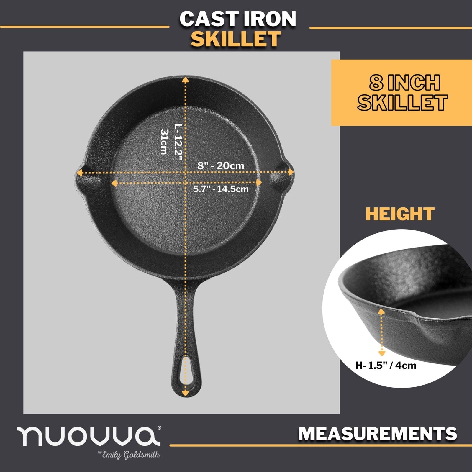 Nuovva 8inch cast iron skillet with dimensions. 
