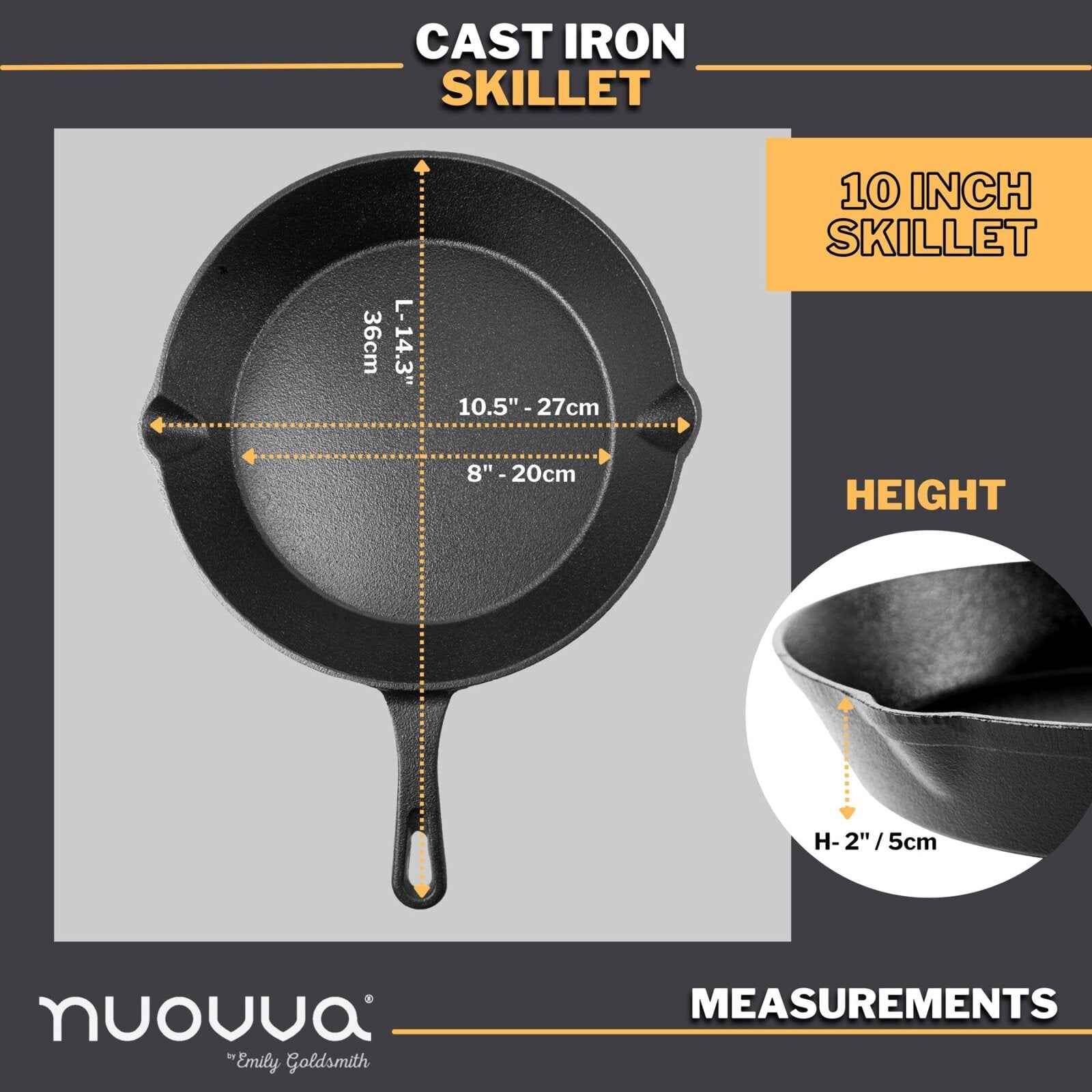 Nuovva 10 inch cast iron skillet with measurements
